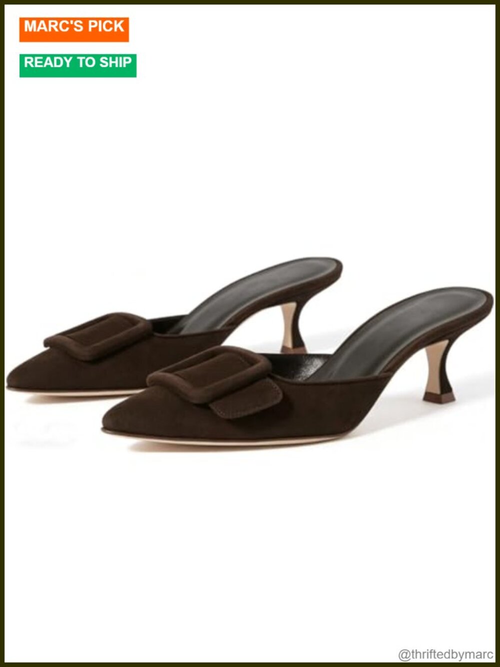 Buckle Heeled Mules Pointed Toe Kitten Heels Suede Slip On Backless Dress Shoes